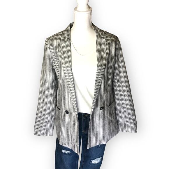 1. State Women's Striped Linen Blazer Jacket Size 6 White Grey Striped Office - Picture 10 of 12
